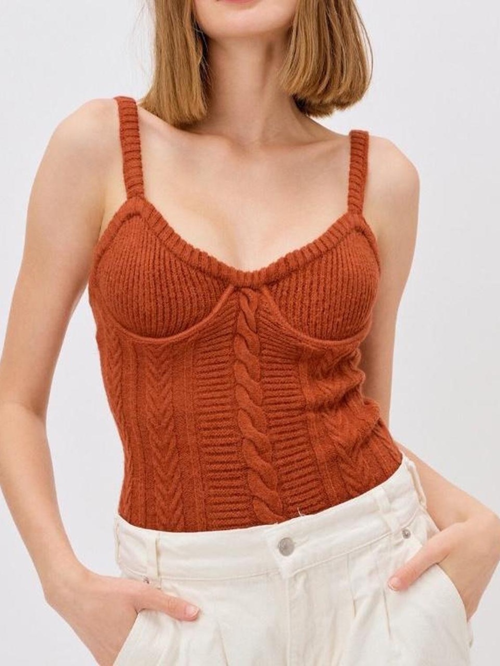New! For Love & Lemons Karolina Burnt Orange Cable-Knit Bustier Tank 🔥 Small